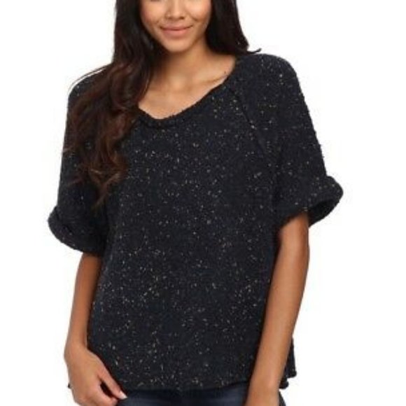 Free People Medium Oversize Tweed Flecked Sweater Navy Blue Gold Wool Blend - Picture 1 of 4